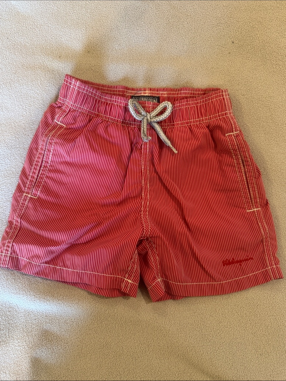 Vilebrequin Red and White Narrow-Striped Swim Shorts